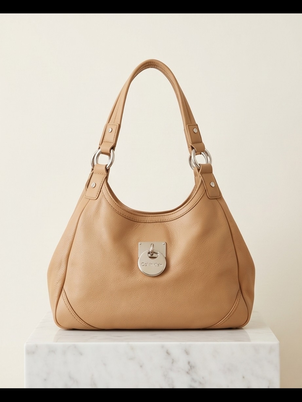 Calvin Klein Tan Leather Shoulder Bag with Gold Hardware